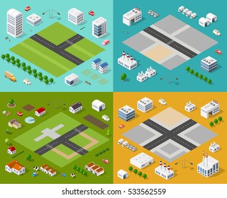 Isometric set 3D city three-dimensional  town quarter. Skyscrapers, apartment, office, houses and streets with urban traffic movement of the car with trees and nature