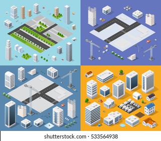Isometric set 3D city three-dimensional town quarter. Skyscrapers, apartment, office, houses and streets with urban traffic movement of the car with trees and nature