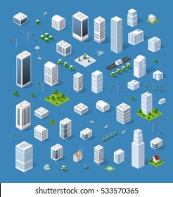 Isometric set 3D city three-dimensional town quarter. Skyscrapers, apartment, office, houses and streets with urban traffic movement of the car with trees and nature