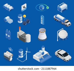 Isometric set with 3d icons showing hydrogen production from renewable sources wind solar energy storage car on blue background isolated vector illustration