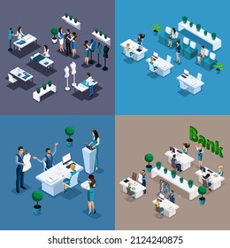 Isometrisch. Set von 3D-Illustrationen für die Website. Kundenservice bei der Bank, Arbeit in einer Nähwerkstatt, Vergabe von Darlehen an kleine Unternehmen