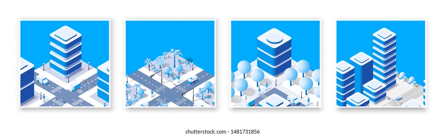 Isometric set 3d module block district part of the city with a street road from the urban infrastructure of vector architecture. Modern white illustration for game design and business background