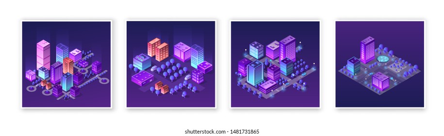 Isometric set 3d module block district part of the city with a street road from the urban infrastructure of vector architecture. Modern white illustration for game design and business background