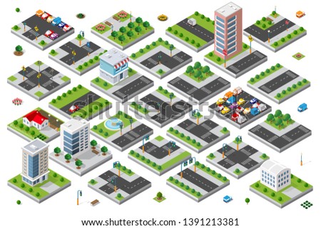 Isometric set 3d module block district part of the city with a street road from the urban infrastructure of vector architecture. Modern white illustration for game design and business background