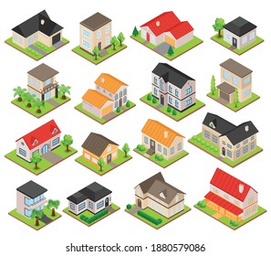 Isometric set of 3d one and two storeyed private houses with colorful roofs isolated vector illustration