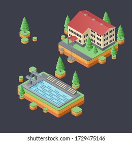 Isometric set 3D urban summer buildings. House, apartments, school, swimming pool, warehouse with trees and nature on the ores.
EPS10 vector