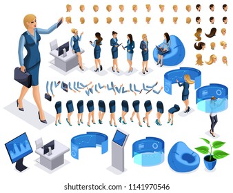 Isometric set 4, business lady with gadgets, create your character, a set of emotions, gestures of hands, feet, hairstyles. Create a beautiful character with gadgets.