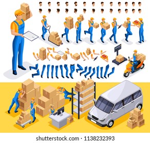 Isometric set 4 Create your character, courier, man from the delivery service. Set of gestures of hands, feet, emotions of the character, a set of different hairstyles.