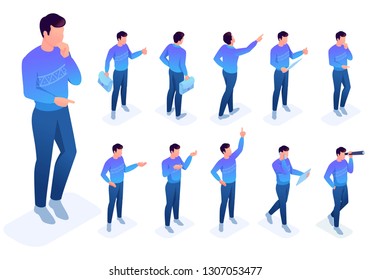 Isometric set 4 of poses and gestures of the character. To create vector illustrations, isolated background