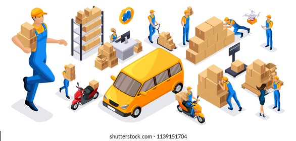 Isometric set of 4 service delivery icons, couriers carry orders, ride on official vehicles, scooter, car, drone quadrocopter, fast delivery.