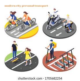 Isometric Set Of 4x1 Icons With People Using Personal Transport Bike Scooter Skateboard Motor Cycle 3d Isolated Vector Illustration