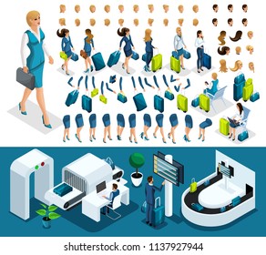Isometric set 5 create your character, business lady at the airport. Set of gestures of hands, feet, emotions of the character, a set of different hairstyles.