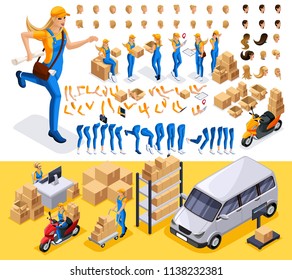 Isometric set 5 Create your character, courier, girl from the delivery service. Set of gestures of hands, feet, emotions of the character, a set of different hairstyles.