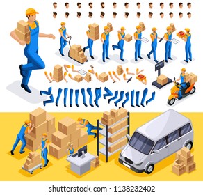 Isometric set 5 Create your character, courier, man from the delivery service. Set of gestures of hands, feet, emotions of the character, a set of different hairstyles.