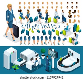 Isometric set 6 create your character, business lady at the airport. Set of gestures of hands, feet, emotions of the character, a set of different hairstyles.