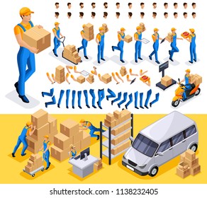Isometric set 6 Create your character, courier, man from the delivery service. Set of gestures of hands, feet, emotions of the character, a set of different hairstyles.