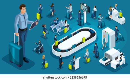 Isometric set 6, international airport icons, passengers with luggage, big businessman on a business trip, transit zone, air lines.