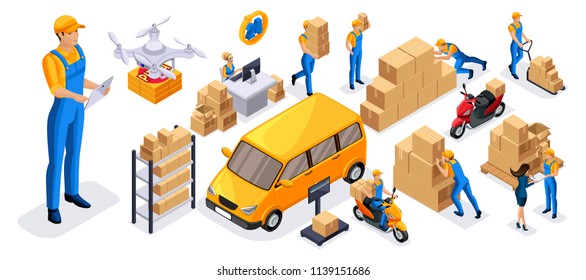 Isometric set of 8 service delivery icons, couriers carry orders, ride on official vehicles, scooter, car, drone quadrocopter, fast delivery.