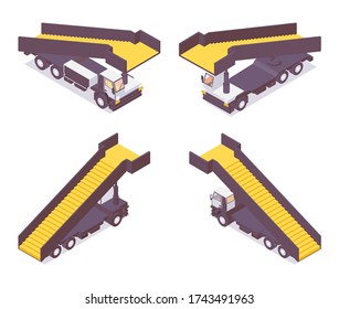 Isometric set of aircraft passenger stair truck in various foreshortening views