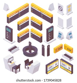 Isometric set of airport information desk, check-in desks and signs