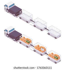 Isometric Set Airport Luggage Trolley With A Car For Luggage Of Parcels, Cargo, Baggage To An Airplane.