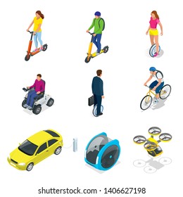 Isometric set of Alternative Eco Transport isolated on a background. Modern bike, electric car with solar panels, electric scooter, gyroscooter, monowheel, electric mini car