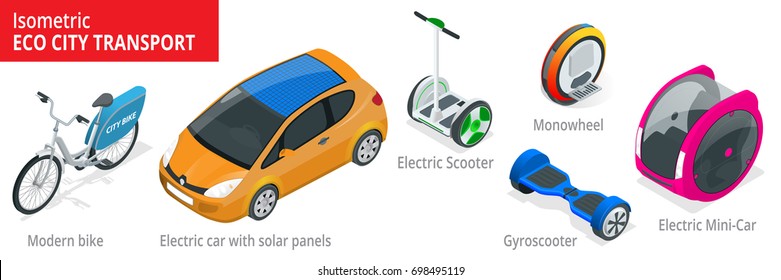 Isometric set of Alternative Eco Transport isolated on a background. Modern bike, electric car with solar panels, electric scooter, gyroscooter, monowheel, electric mini car