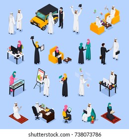 Isometric set of arab people during business, education, work, relaxation, prayer on blue background isolated vector illustration