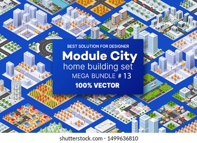 Isometric set architecture design houses buildings transportation of blocks module of areas of the city construction and designing of the perspective apartment of business of the urban environment