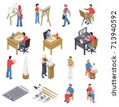 Isometric set of artists with accessories near easels, sculpture, pottery, behind table and computer isolated vector illustration