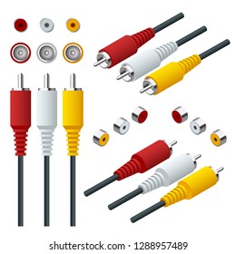 Isometric set of Audio Video Cable input connections. RCA cable View straight and isometric.