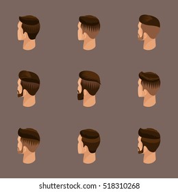Isometric set of avatars, men's hairstyles, hipster style. Laying, beard, mustache. Modern, stylish hairstyle, rear view on a beige background. Vector illustration
