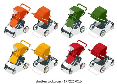Isometric set of baby strollers isolated on white, kids transport