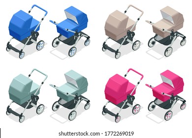 Isometric set of baby strollers isolated on white, kids transport