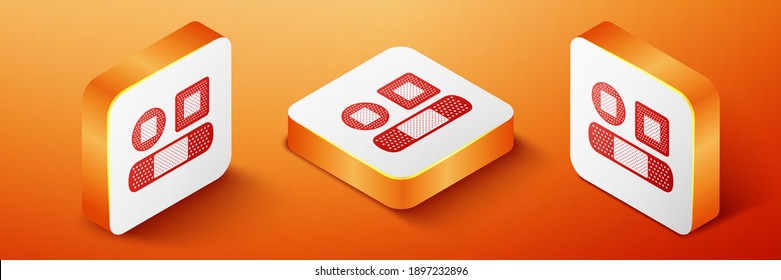 Isometric Set Bandage plaster icon isolated on orange background. Medical plaster, adhesive bandage, flexible fabric bandage. Orange square button. Vector.
