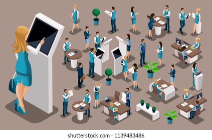 Isometric set, bank icons with bank employees, woman bank worker, customer service manager. Financial structure, banking business