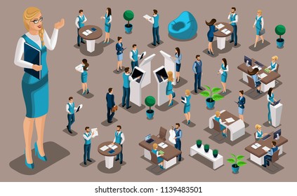 Isometric set, bank icons with bank employees, woman bank worker, customer service manager. Financial structure, banking business