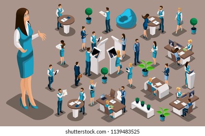 Isometric set, bank icons with bank employees, woman bank worker, customer service manager. Financial structure, banking business