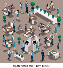 Isometric a set of bank managers in work in the bank's office, issuance of loans, deposits, customer service, physical and legal persons.