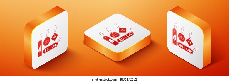 Isometric Set of banners, labels, tags, logos for eco green healthy foods icon isolated on orange background. Organic products. Healthy food stickers. Orange square button. Vector.