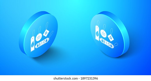 Conjunto isométrico de banners, etiquetas, etiquetas, logotipos para alimentos ecológicos saludables icono aislado en el fondo azul. Productos orgánicos. Pegatinas de comida saludable. Botón de círculo azul. Vector.