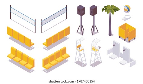 Isometric set beach volleyball equipment, water polo, tennis, badminton front view isolated on white