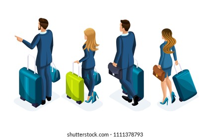 Isometric Set of beautiful business people and business woman on a business trip, with luggage at the airport, rear view. Traveling businessmen, business trip