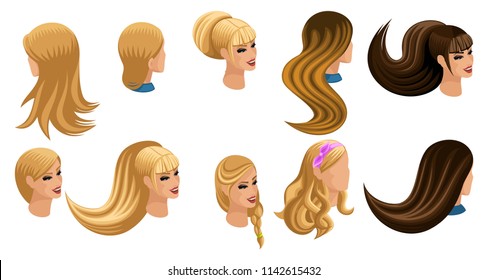 Isometric set of beautiful hairstyles, stylish haircut for young business lady, student, teacher, office worker. Front view rear view.