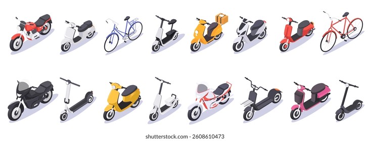 Isometric set of bicycles, scooters, and motorcycles on white background. Vector illustration