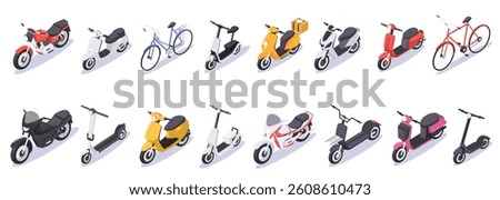 Isometric set of bicycles, scooters, and motorcycles on white background. Vector illustration