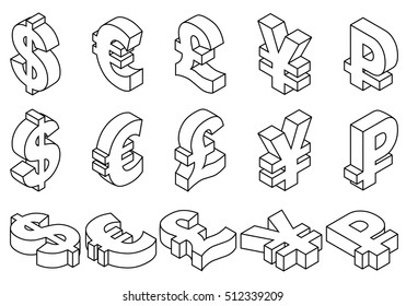 Isometric set black line icons of currency symbols of the world - dollar, pound sterling, euro, yen, ruble on white background. Vector 3d illustration.