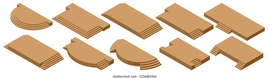 Isometric set of blank brown stage podium for award ceremony. Template of blank empty podium stage.