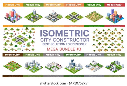 Conjunto isométrico de bloques módulo de zonas de la construcción de la ciudad y diseño de la perspectiva ciudad del diseño del entorno urbano