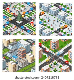 Isometric set of blocks module of areas of the city construction and designing of the perspective city of design of the urban environment